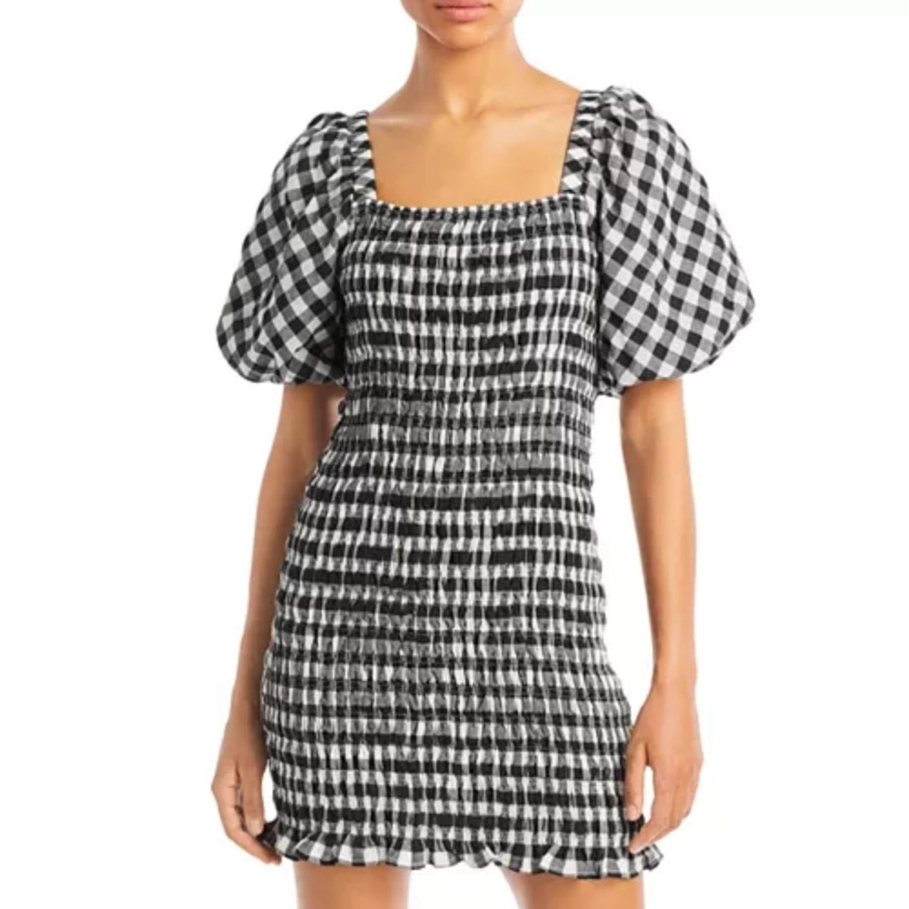 Endless Rose XS Black White Gingham Smocked Puff Sleeve Mini Dress Cotton Boho!
